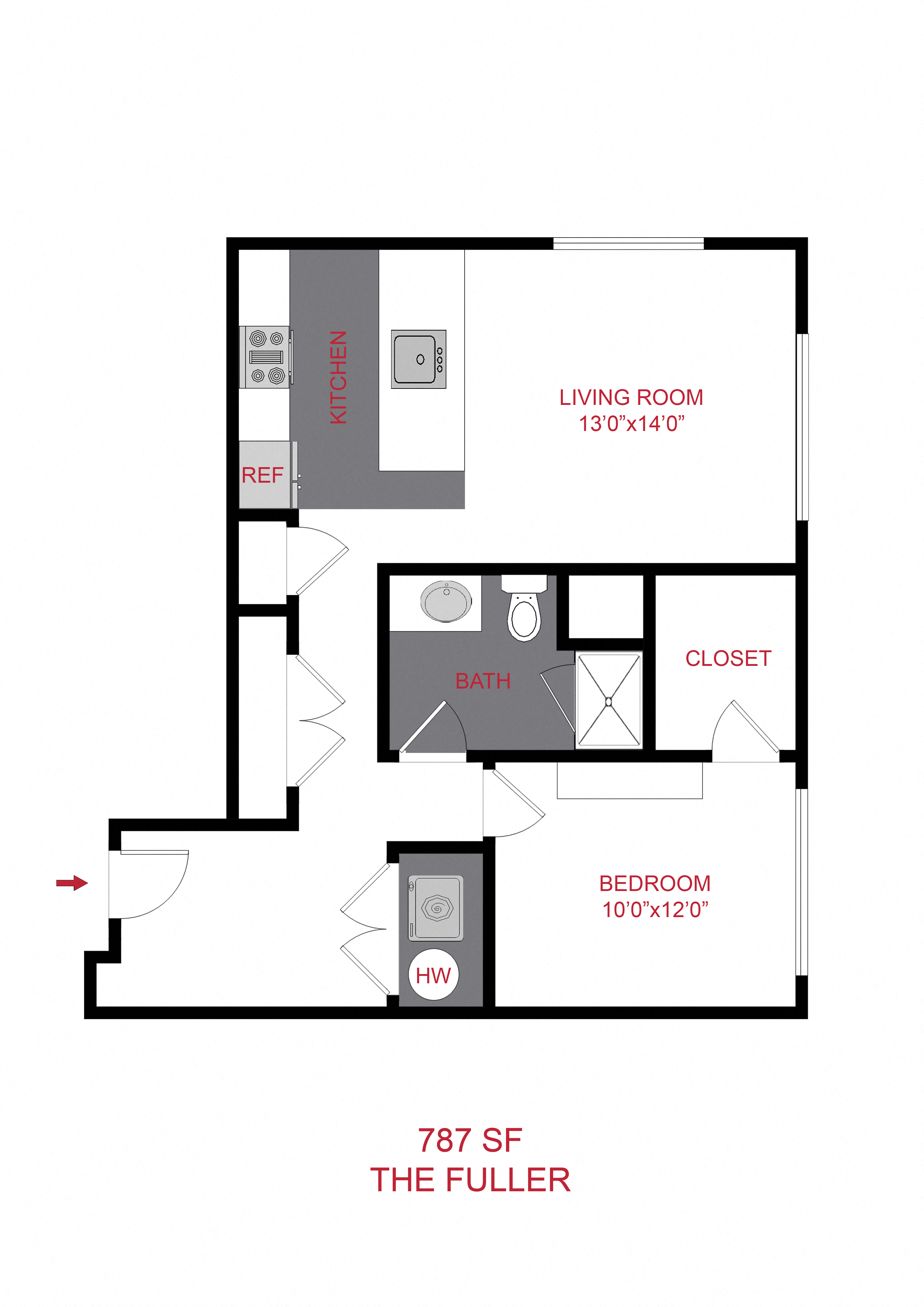 Floor plan for 1 bed, 1 bath, 787 sqft
